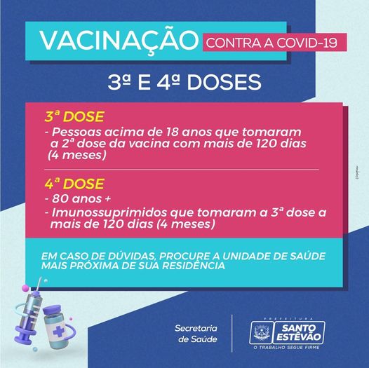 3ª e 4ª dose da vacina contra COVID-19 diponíveis para o público que preenche os requisitos