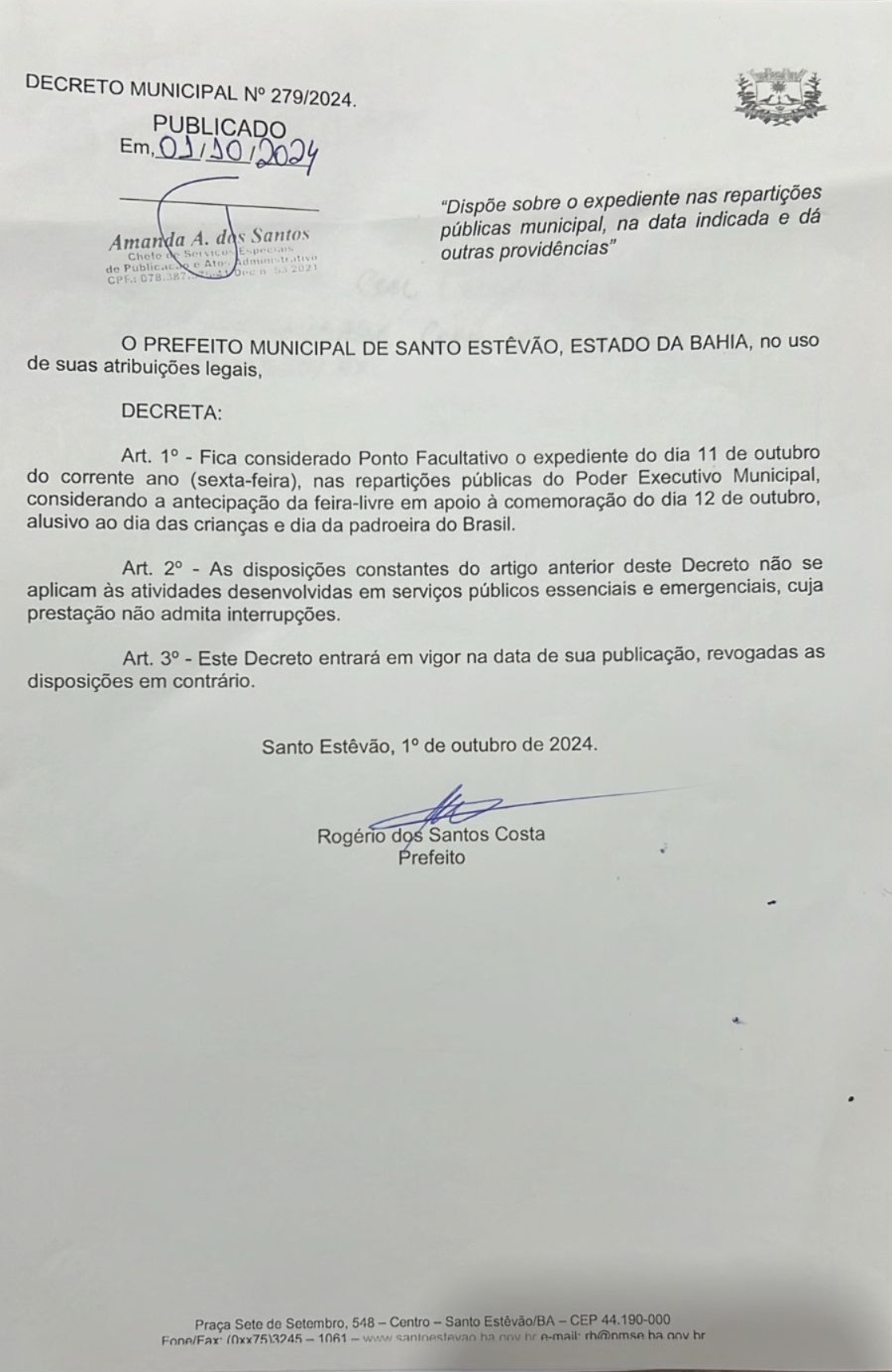 Decreto Municipal n° 279/2024