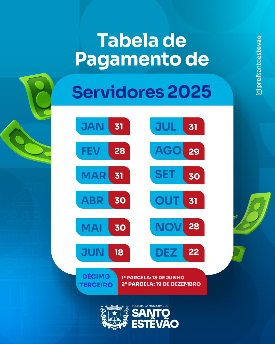 Prefeitura de Santo Estêvão divulga calendário de pagamento dos servidores para 2025